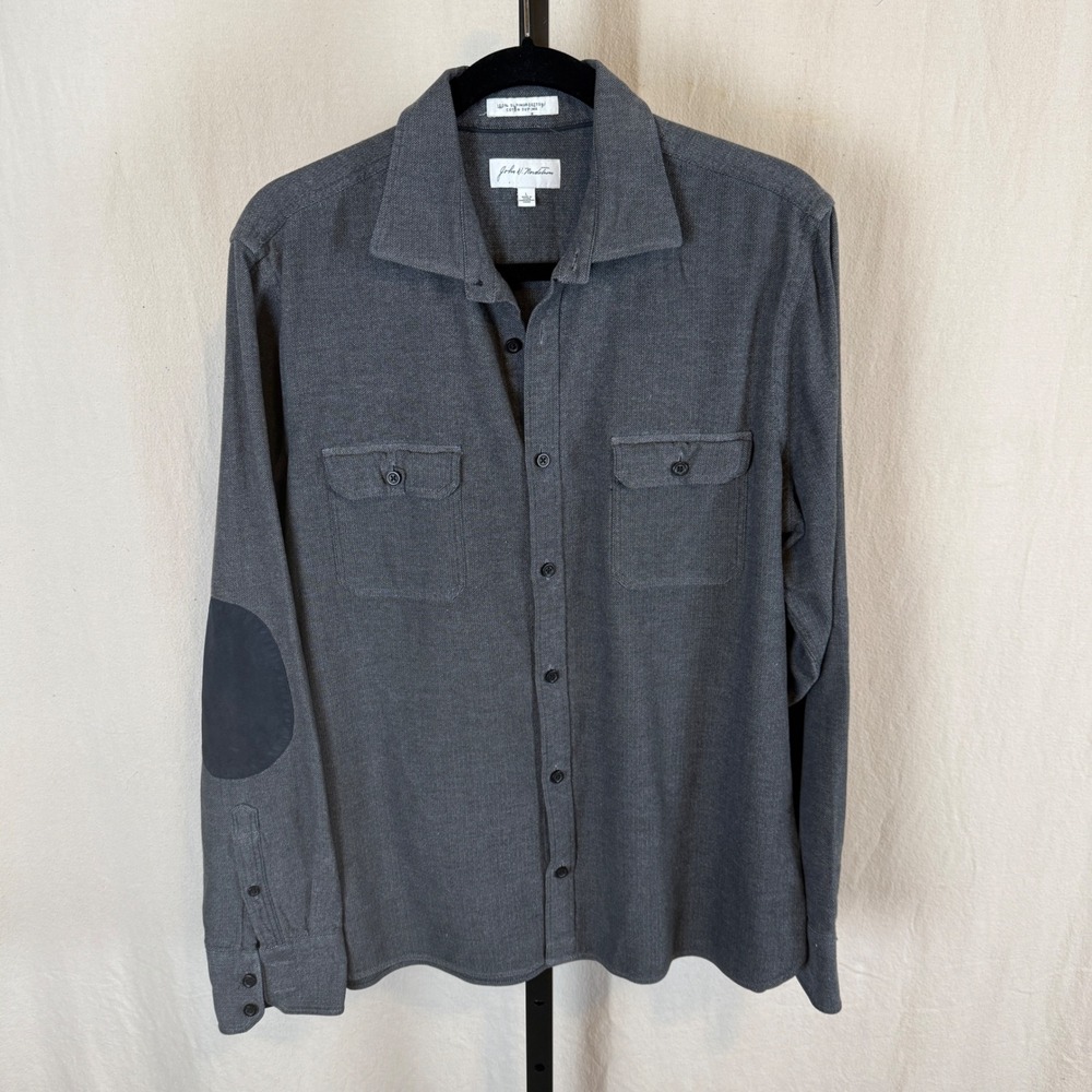 John W Nordstrom Mens Large Supima Cotton Herringbone Shirt Elbow Patch Grey L